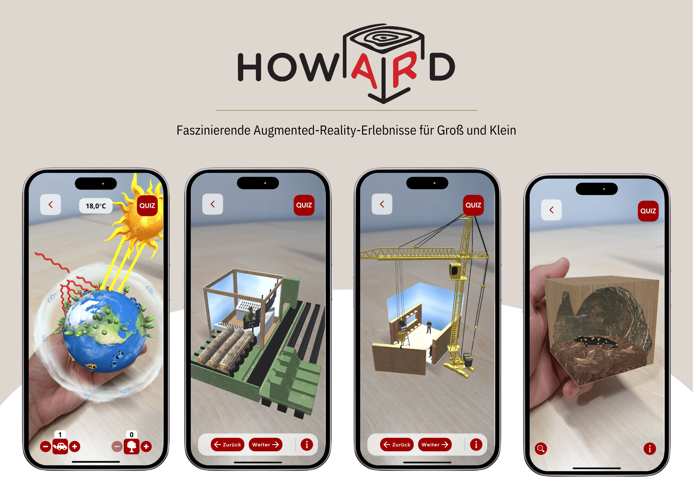 HowARd Visual mit vier Smartphone-Ansichten: digitale Lernwelten zu Klima, Bauen und Wald auf einem Würfel