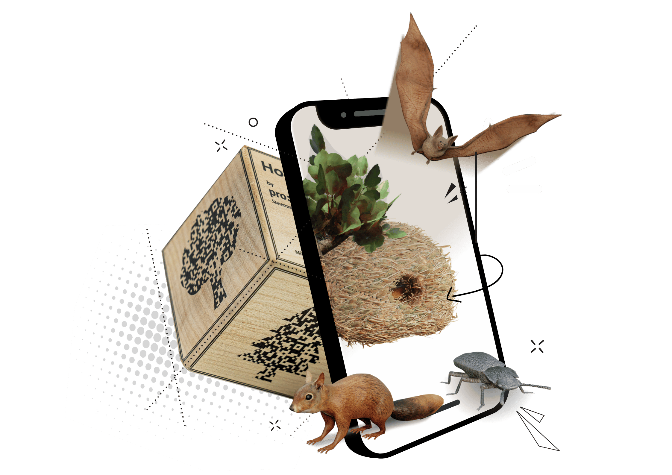Ein HowARd-Würfel neben einem Smartphone, auf dem ein Habitatbaum mit Fledermaus und Käfer als interaktives Erlebnis erscheint
